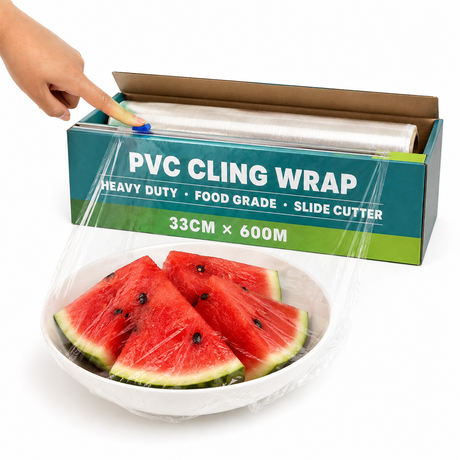 600m Food-Grade PVC Cling Wrap w/ Built-in Cutter - 33cm x 600m (Plastic Food Covering)
