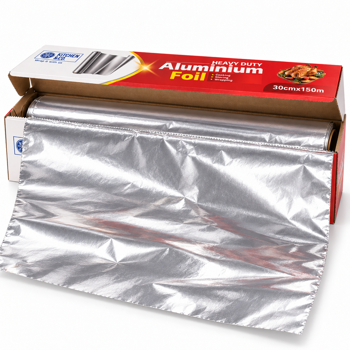 6x Aluminium Foil Food Packaging Wrap w/ Built-in Cutter Bulk (30cm x 150m)