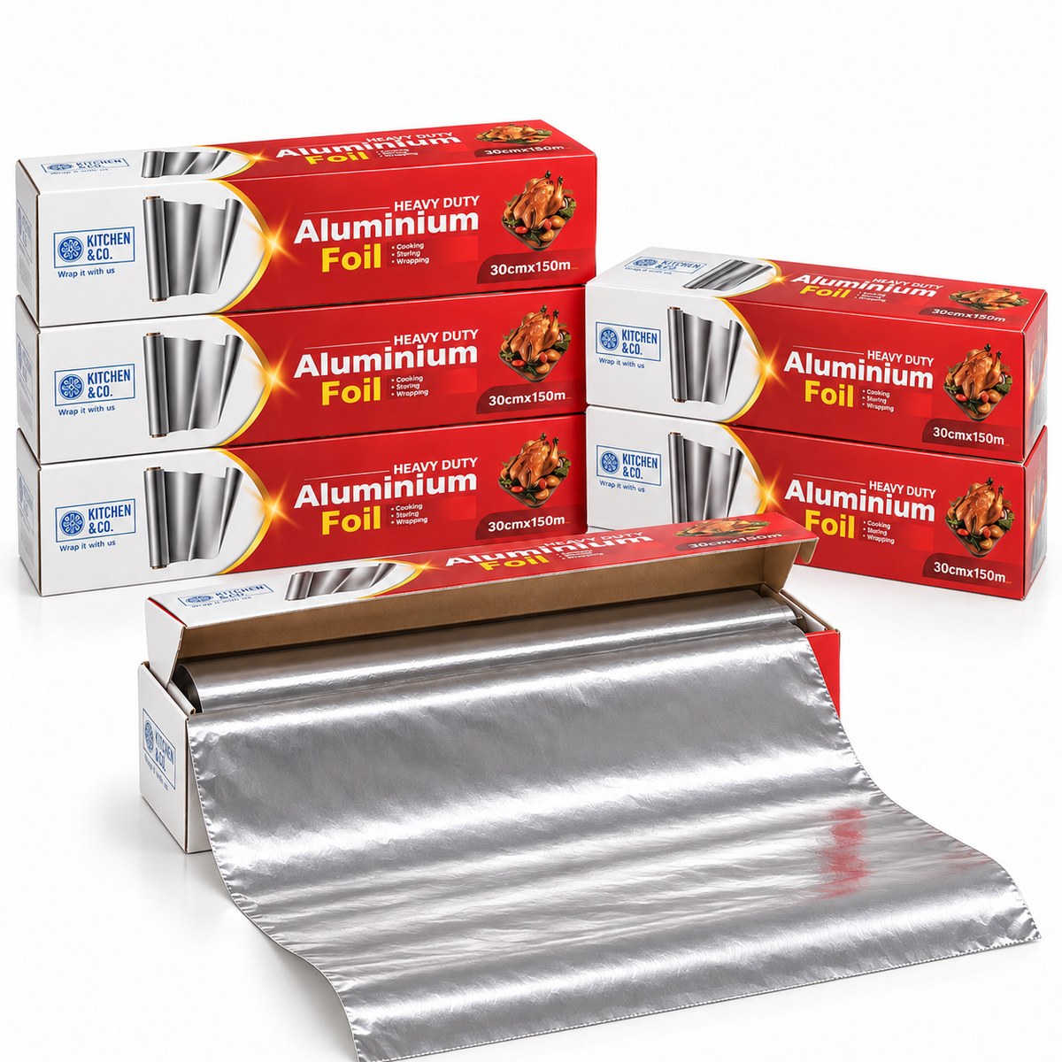 6x Aluminium Foil Food Packaging Wrap w/ Built-in Cutter Bulk (30cm x 150m)
