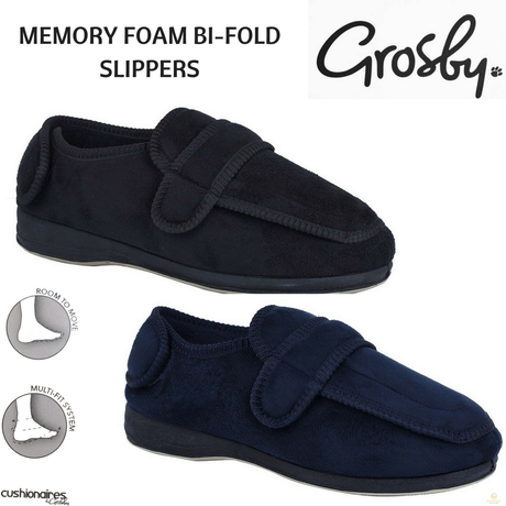 GROSBY Bi-Fold Mens Slippers Scuffs Shoes Indoor Outdoor Memory Foam Moccasins - Black