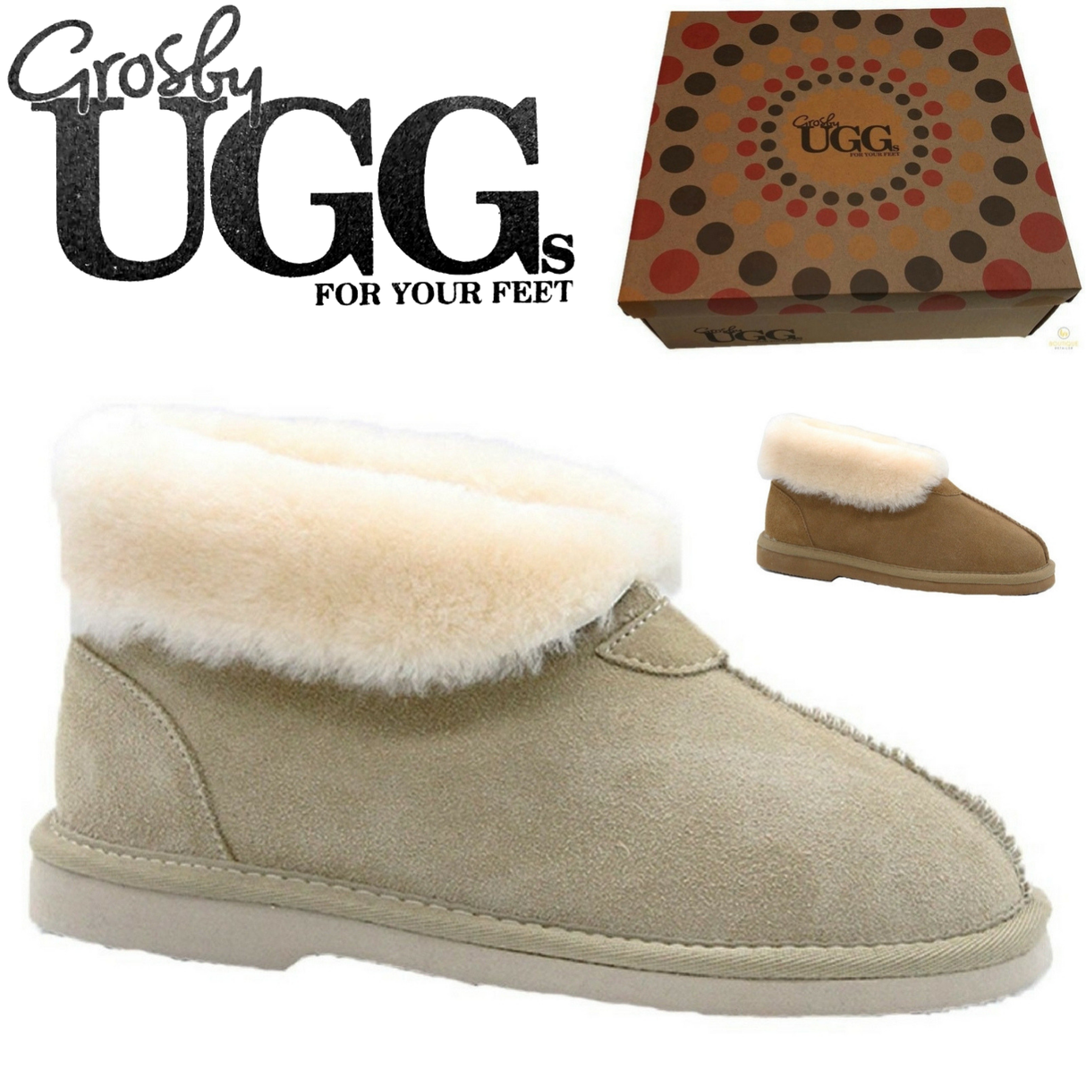 GROSBY Womens Princess UGG Boots Genuine Sheepskin Suede Leather Slippers - Beige