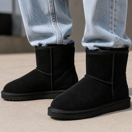 GROSBY Jackaroo Mens Short UGG Boots - Black (Genuine Sheepskin/Suede Leather Slippers)