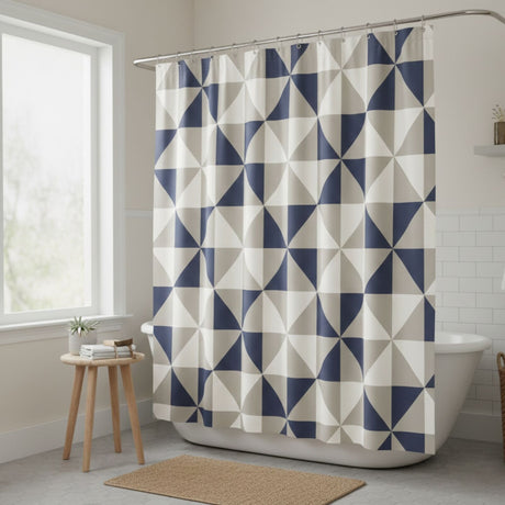 Blue Diamond Printed Polyester Shower Curtain - 180x180cm (Rings Included)