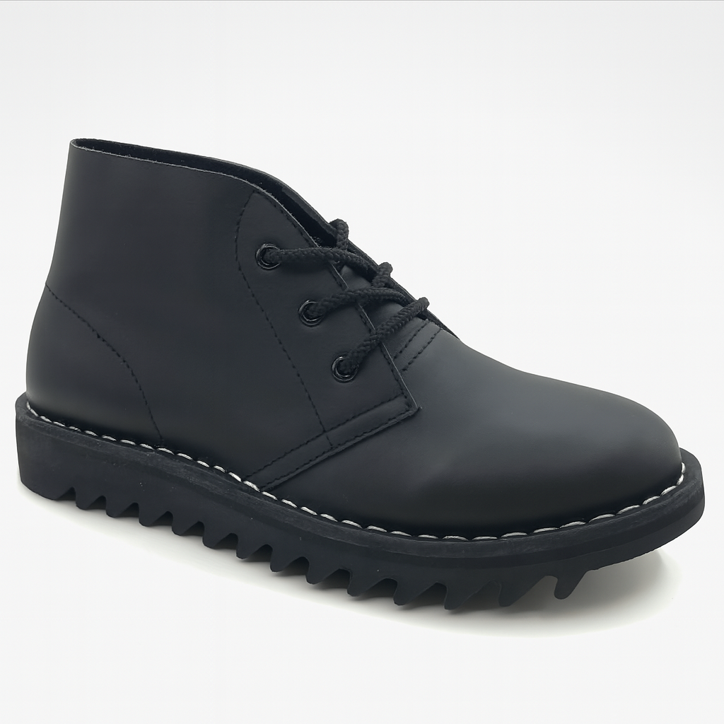 Ripple Sole Mens Harley Smooth Leather Desert Boots Chukka Shoes Lace Up - Black