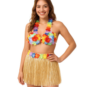3pcs Hawaiian Costume Hula Skirt 40cm + Flower Lei + Bikini Top Fancy Dress Luau Party Set
