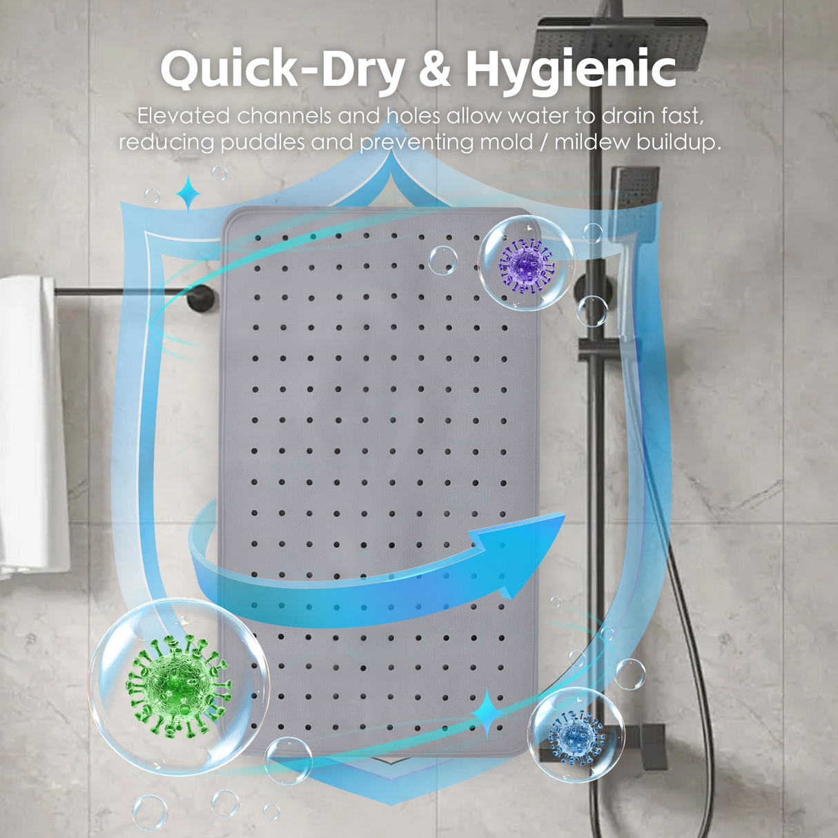 70×40 cm Anti‑Slip Grip Shower Rug Bath Mat w/ 100+ Suction Cups