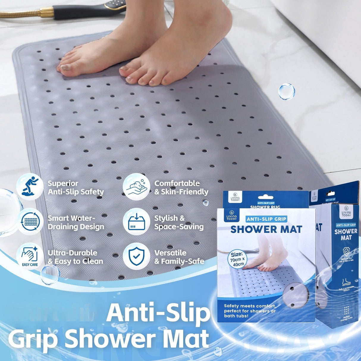 70×40 cm Anti‑Slip Grip Shower Rug Bath Mat w/ 100+ Suction Cups