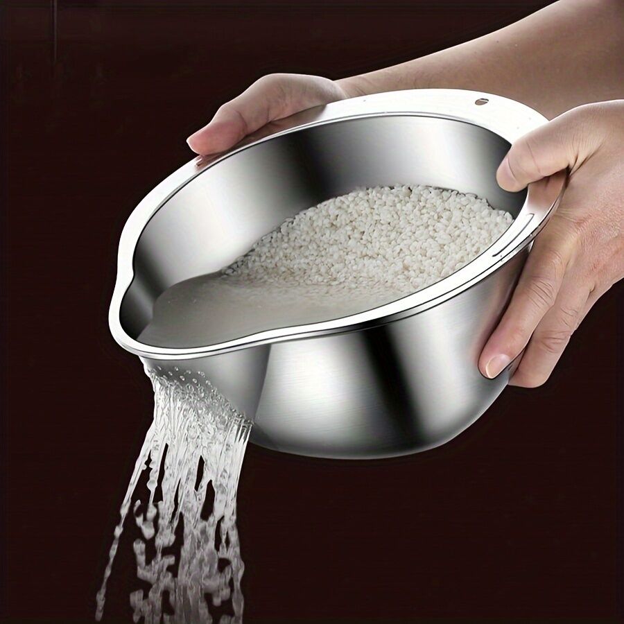 Stainless Steel Rice & Vegetable Washing Basket Drain Strainer Bowl for Kitchen in Silver