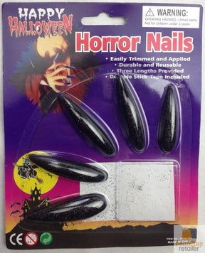 10x Long Glitter Horror Nails - Halloween Costume Accessory (Vampire & Witch) - Black