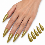 10x Long Halloween Glitter Painted Stick-On Nails Party Costume Vampire Witch - Gold