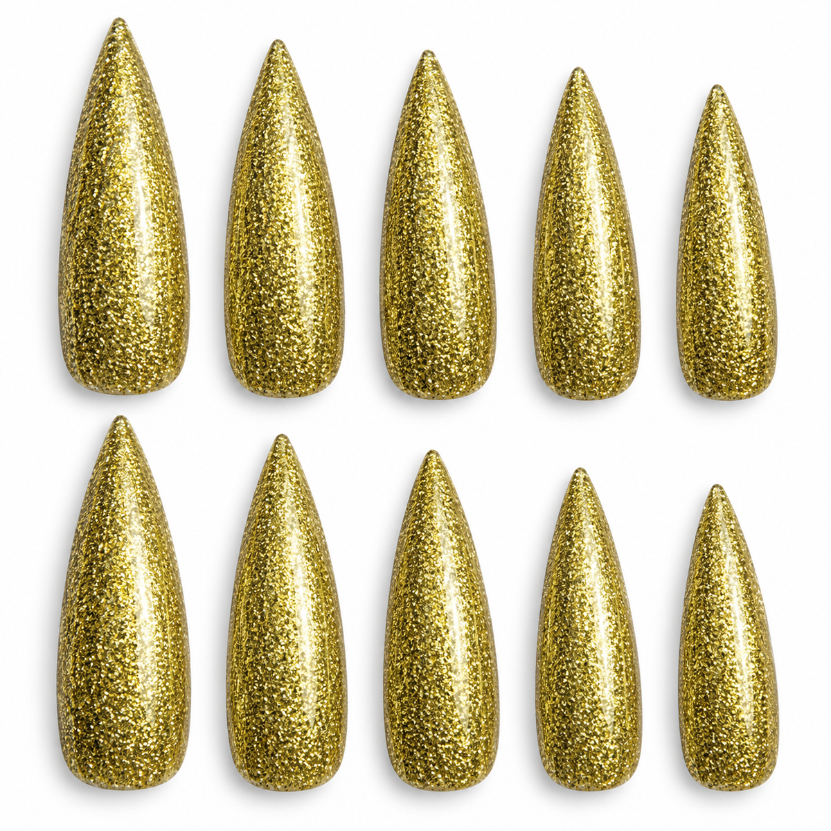 10x Long Halloween Glitter Painted Stick-On Nails Party Costume Vampire Witch - Gold