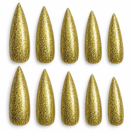 10x Long Glitter Horror Nails - Gold (Vampire/Witch Halloween Costume Accessory)
