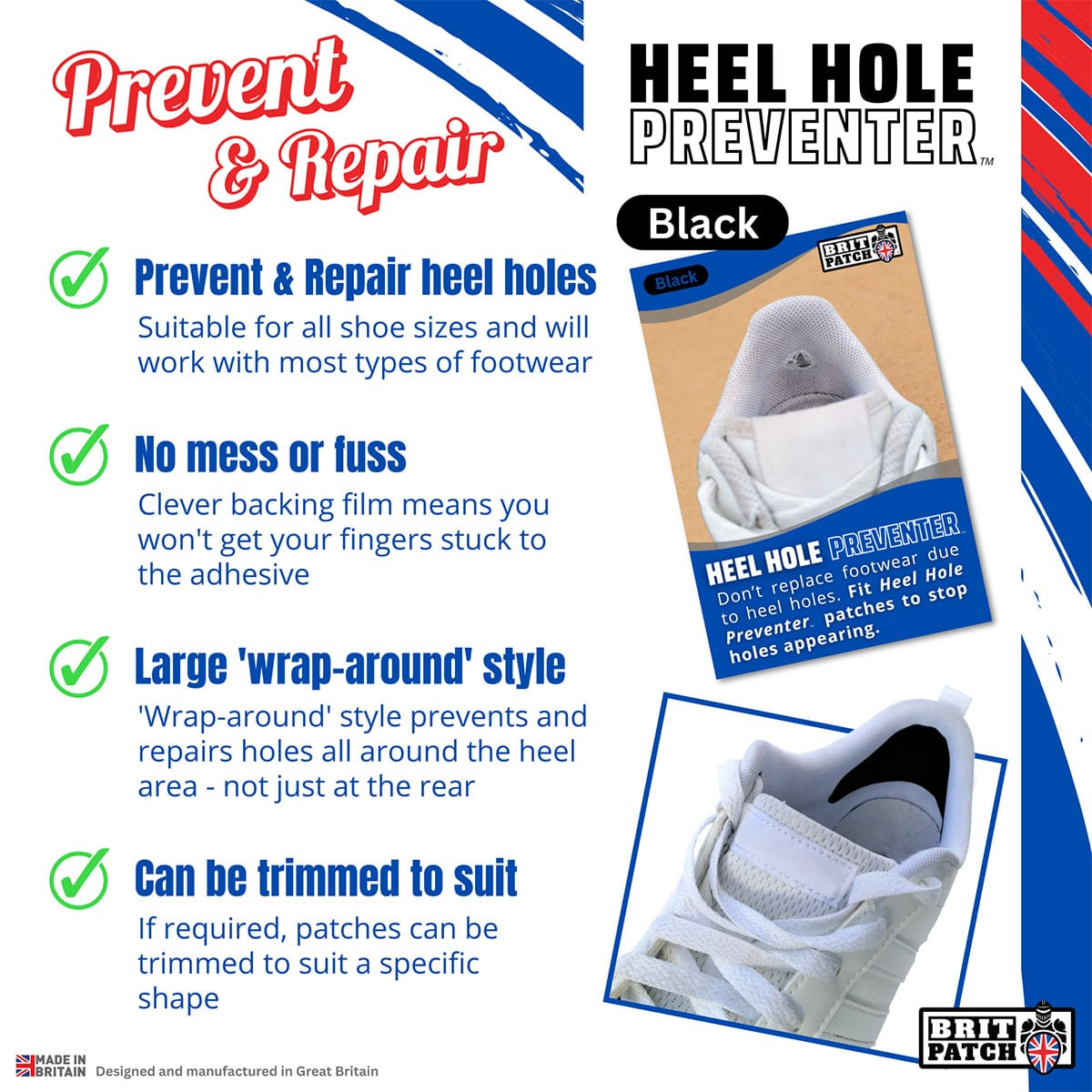 Brit Patch Trainer Armour Heel Shoe Hole Preventer Patches in Black (Made in Britain)