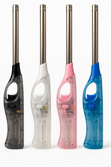 1x Clear Long Gas Lighter for Kitchen w/ Safety Lock - Assorted Colours