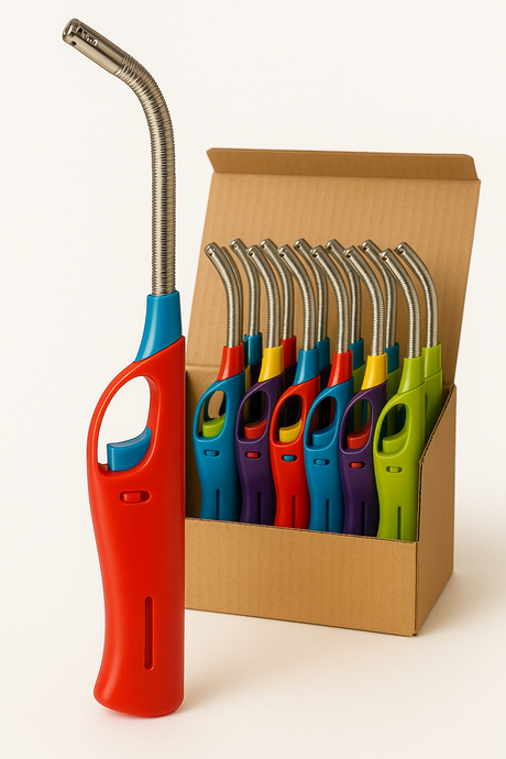 12x Flexible Gas Lighter for BBQ Kitchen Cigarette w/ Safety Lock - Assorted Colours