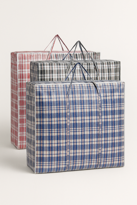 100x Small Checkered Bags Bulk Pack - Striped Packing & Shopping Bags - 50cm x 55cm x 20cm