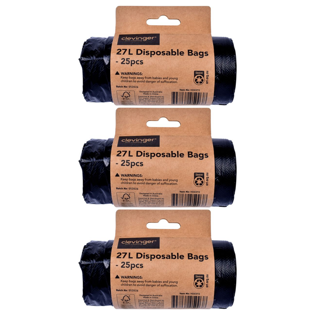 75x Clevinger 27L Disposable Rubbish Bags Pack - Kitchen Bin Liners/Garbage Bags