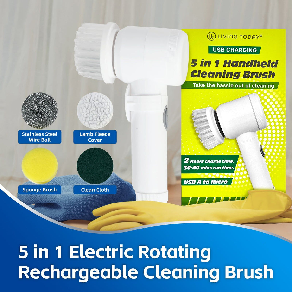 5-IN-1 Electric Handheld Rechargeable Cleaning Brush Kitchen Bathroom Scrubber