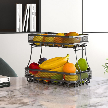Viviendo 2 Tier Fruit Bowl Carbon Steel Kitchen Fruit and Vegetable Storage Basket - Black