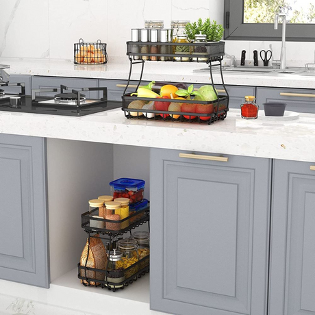 Viviendo 2 Tier Fruit Bowl Carbon Steel Kitchen Fruit and Vegetable Storage Basket - Black