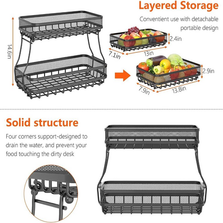 Viviendo 2 Tier Fruit Bowl Carbon Steel Kitchen Fruit and Vegetable Storage Basket - Black