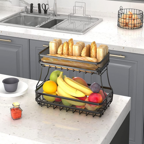 Viviendo 2 Tier Fruit Bowl Carbon Steel Kitchen Fruit and Vegetable Storage Basket - Black