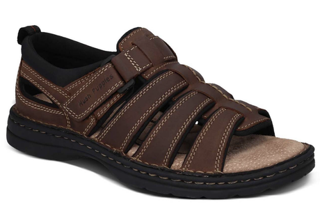 Hush Puppies Spartan Mens Leather Wide Fit Sandals - Brown (Slip On Comfort Shoes)