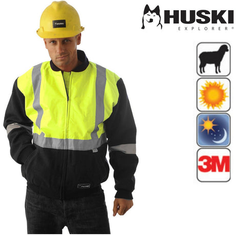 HUSKI Site Mens Hi Vis Wool Blend Bomber Jacket 3M Reflective Tape High Visibility - Yellow/Navy