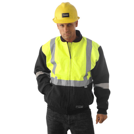 HUSKI Site Mens Hi Vis Wool Blend Bomber Jacket 3M Reflective Tape High Visibility - Yellow/Navy