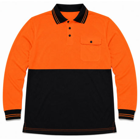 Huski Mens Hi Vis Long Sleeve Polo Shirt - Orange (Quick Dry Micromesh PPE Safety Workwear)