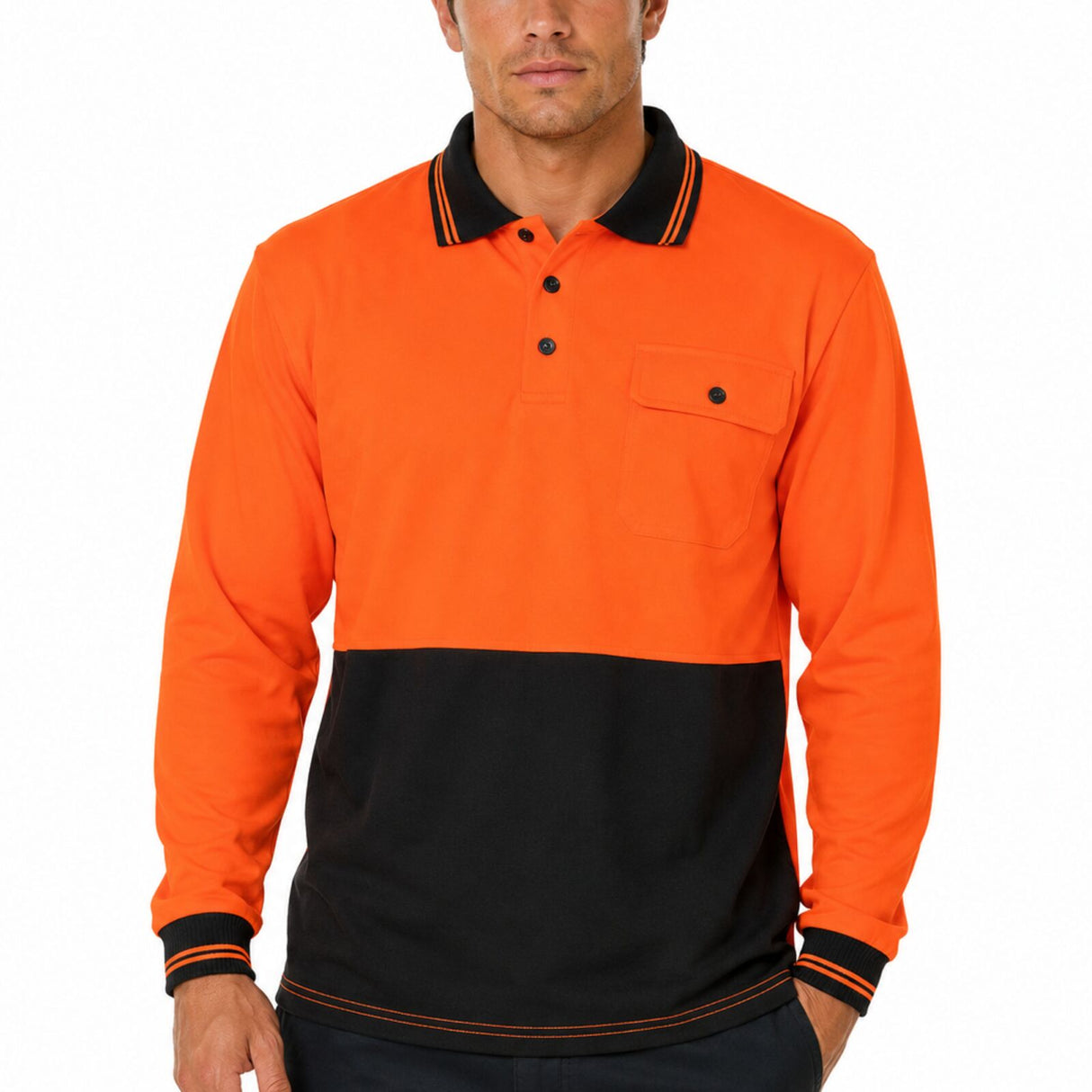 Huski Mens Hi Vis Long Sleeve Polo Shirt - Orange (Quick Dry Micromesh PPE Safety Workwear)