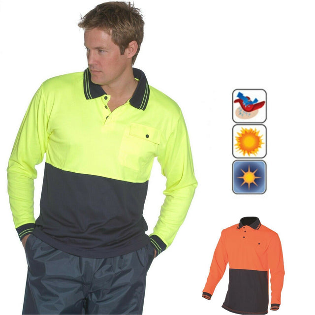 HUSKI Hi Vis Polo Shirt Long Sleeve Safety High Visibility Workwear Driver PPE - Orange