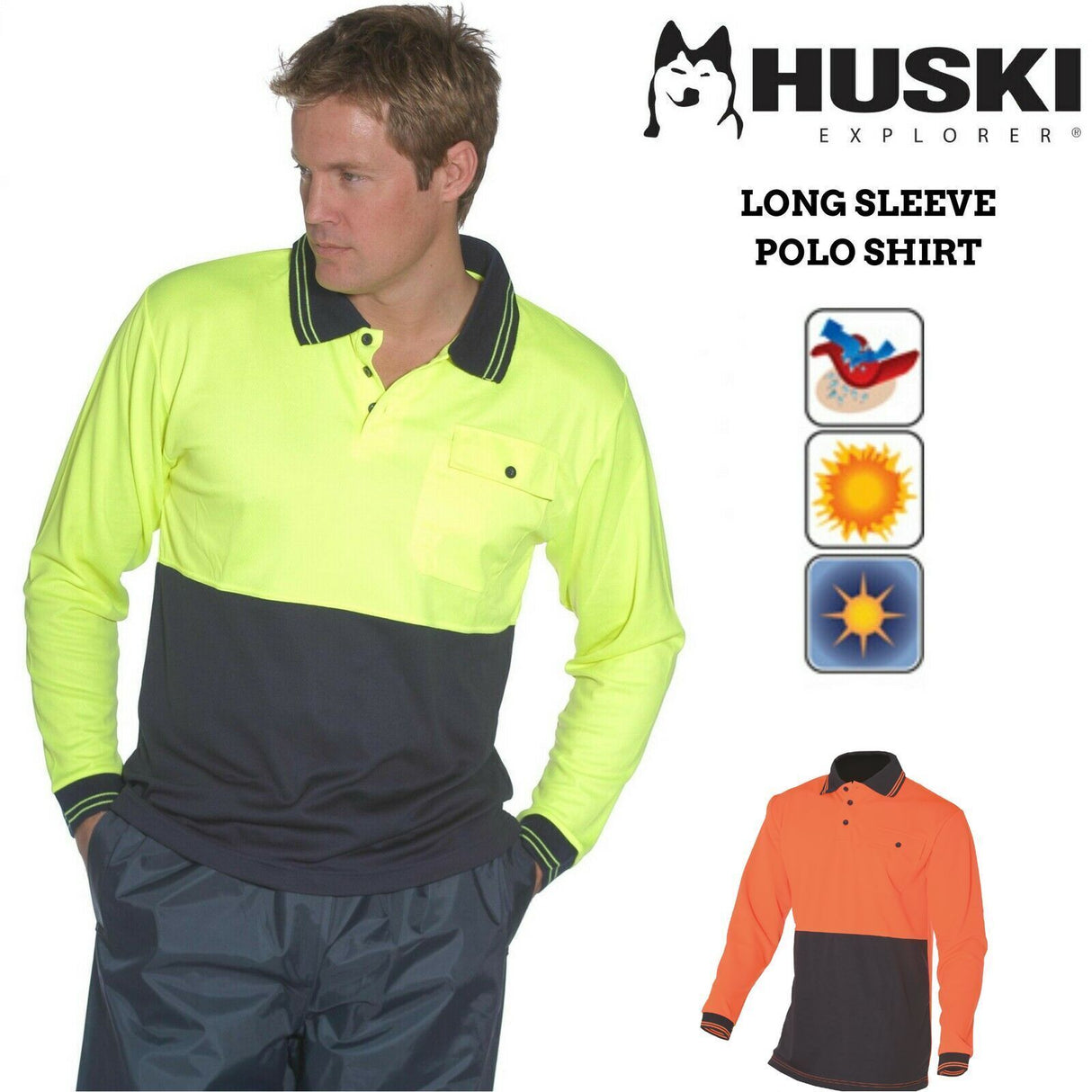 HUSKI Hi Vis Polo Shirt Long Sleeve Safety High Visibility Workwear Driver PPE - Orange