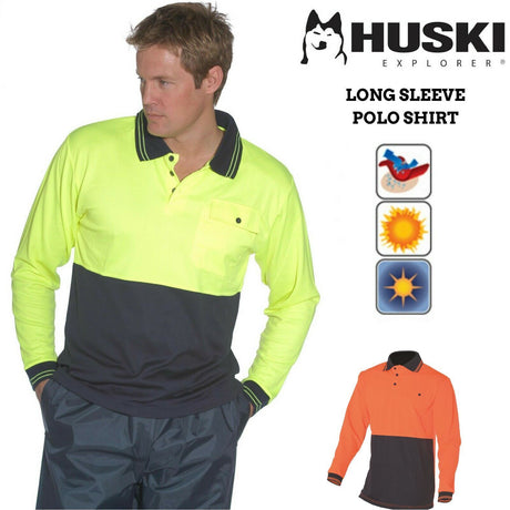 HUSKI Hi Vis Polo Shirt Long Sleeve Safety High Visibility Workwear Driver PPE - Orange