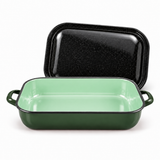 4.8L/36cm Enamelware Induction Baking Dish w/ Handles & Lid - Green (Handmade in Romania)