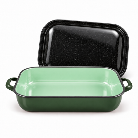 4.8L/36cm Enamelware Induction Baking Dish w/ Handles & Lid - Green (Handmade in Romania)