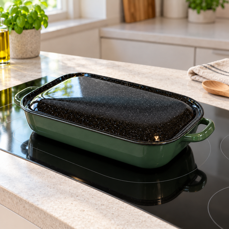 4.8L/36cm Enamelware Induction Baking Dish w/ Handles & Lid - Green (Handmade in Romania)