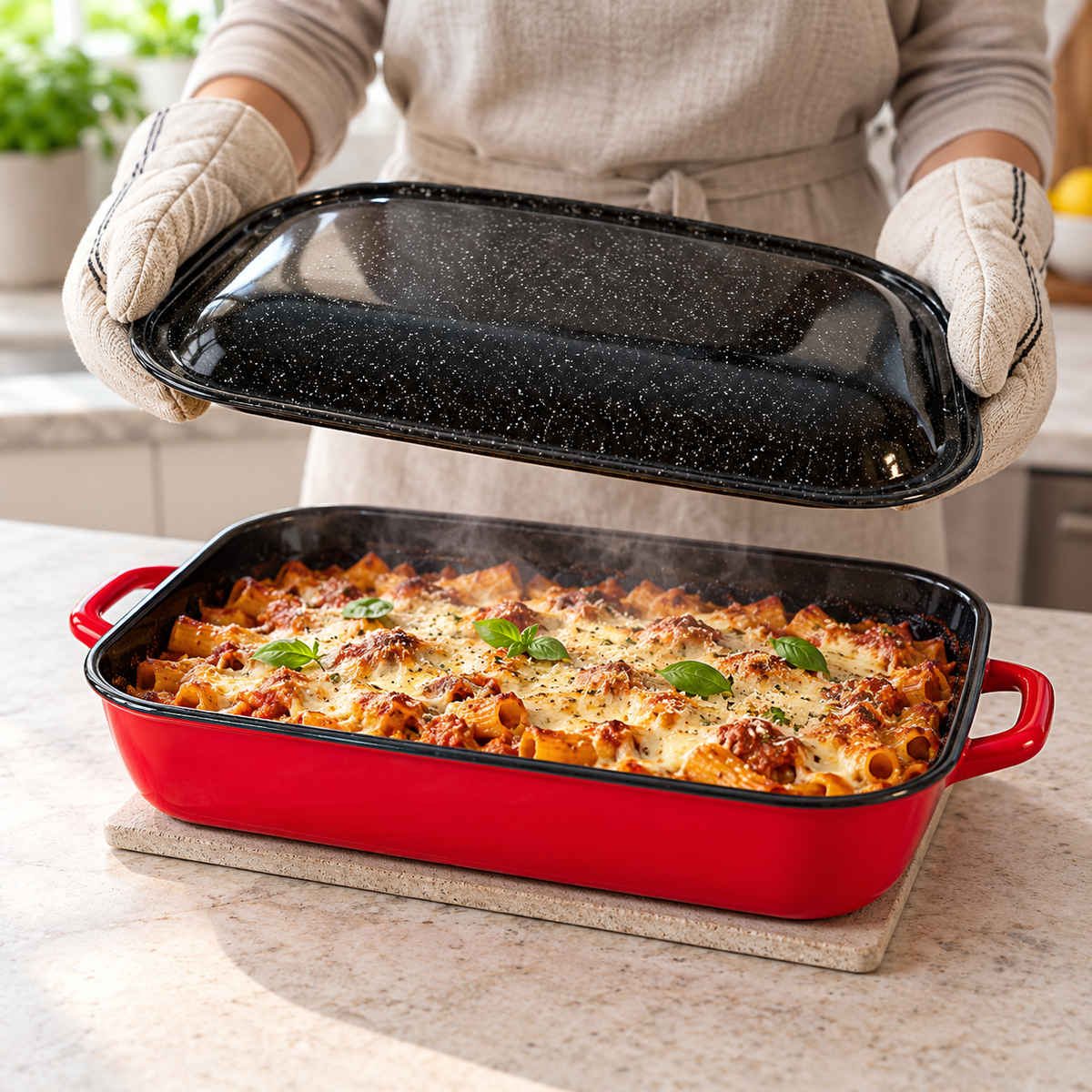 4.8L Enamelware Induction 36cm Baking Dish w/ Handles & Lid - Red (Made in Romania) - Handmade