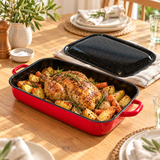 4.8L Enamelware Induction 36cm Baking Dish w/ Handles & Lid - Red (Made in Romania) - Handmade