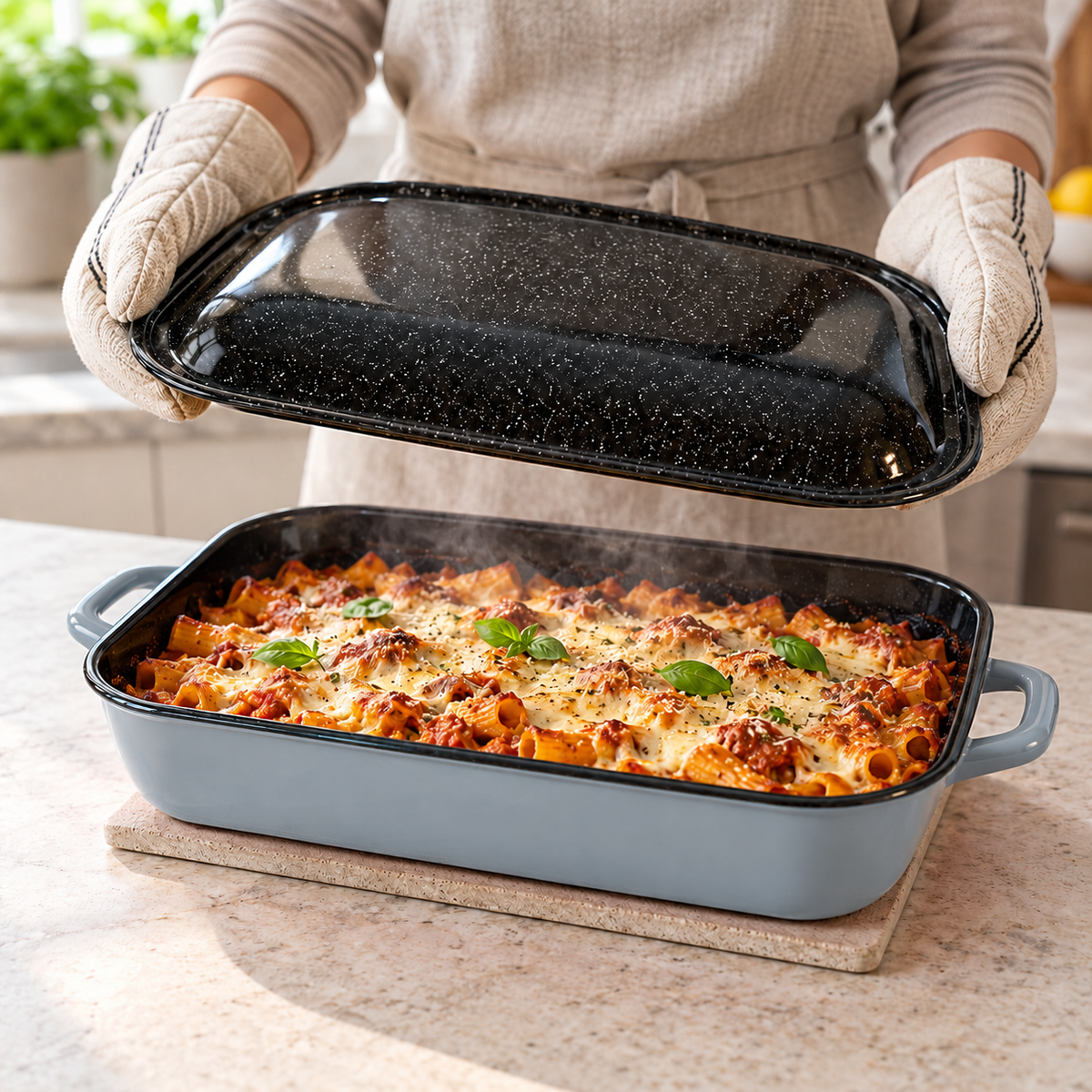 4.8L Enamelware Induction 36cm Baking Dish w/ Handles & Lid - Grey (Made in Romania) - Handmade
