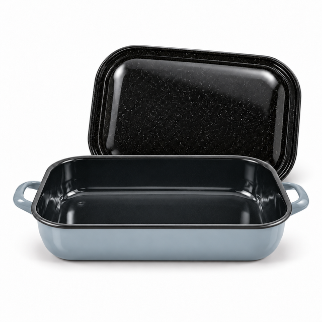 4.8L Enamelware Induction 36cm Baking Dish w/ Handles & Lid - Grey (Made in Romania) - Handmade