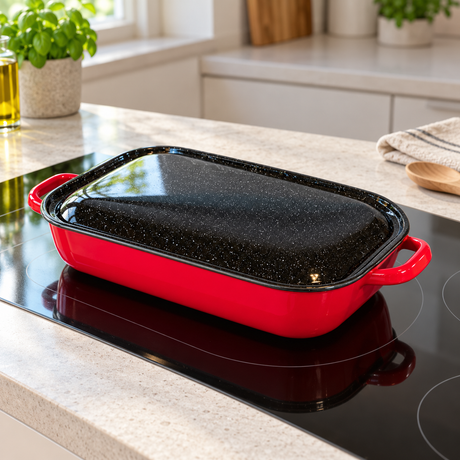 6L Enamelware Induction Baking Dish w/ Handles & Lid - Red (Handmade in Romania)