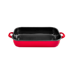6L Enamelware Induction Baking Dish w/ Handles & Lid - Red (Made in Romania) - Handmade