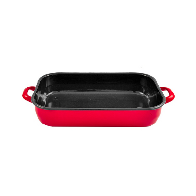 6L Enamelware Induction Baking Dish w/ Handles & Lid - Red (Made in Romania) - Handmade