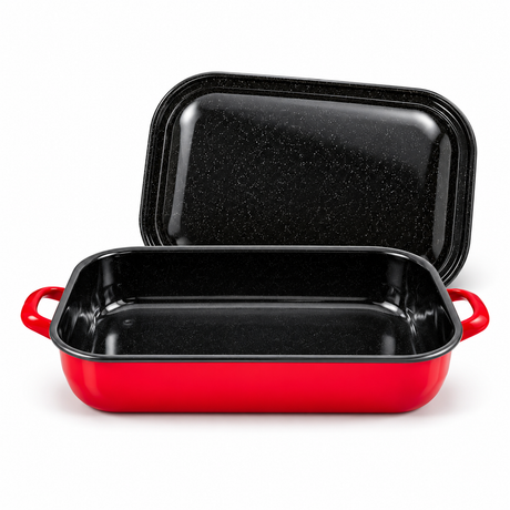 6L Enamelware Induction Baking Dish w/ Handles & Lid - Red (Handmade in Romania)