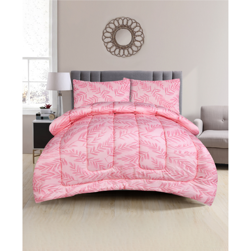 Olea Meadow Single Comforter Set w/ Fitted Sheet & 2 Pillow Covers - Pink (4 Piece Set)