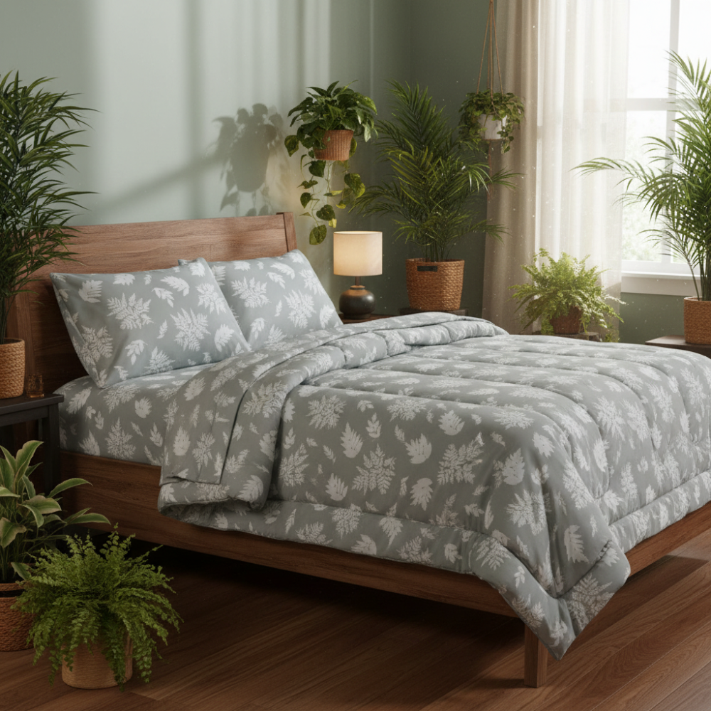 Verdant Double Comforter Set w/ Fitted Sheet & 4 Pillow Covers - Sage/White (6 Piece Set)