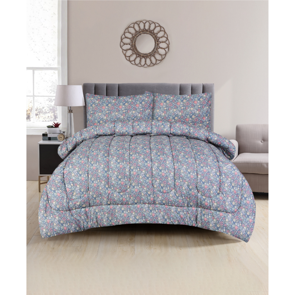 Ditsy Floral Super King Comforter Set w/ 2 Pillow Covers - Blue/Pink (3 Piece Set)