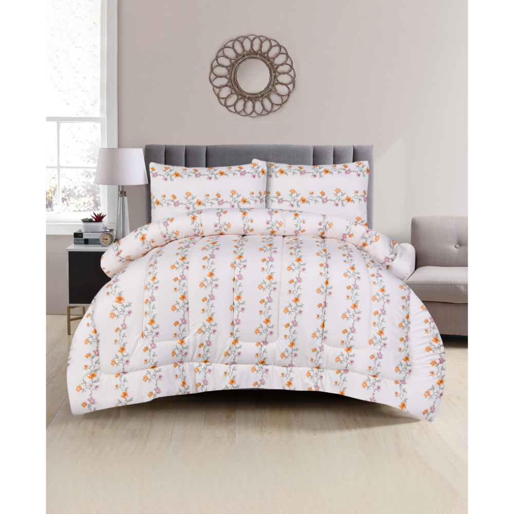 Fleur Line Queen Comforter Set w/ Fitted Sheet & 4 Pillow Covers - Orange/White (6 Piece Set)