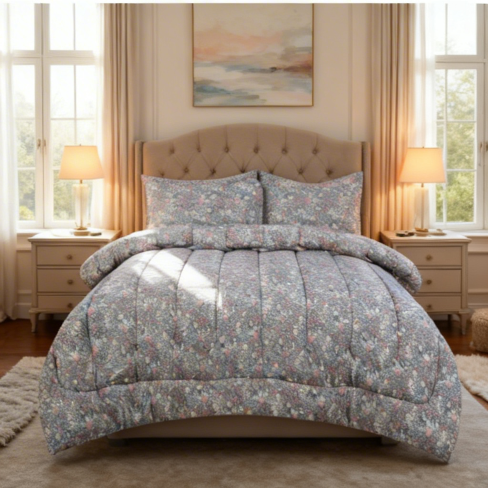 Ditsy Floral Queen Comforter Set w/ Fitted Sheet & 4 Pillow Covers - Blue/Pink (6 Piece Set)